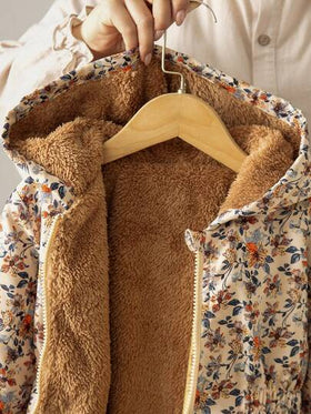 SHEIN Vintaside Kids 1 قطعة هودي مبطن بالحرارة مزخرف بالأزهار الرجعي للفتيات الصغيرات موديل 2025 الجديد، مع خصر مطاطي، ملابس خارجية سميكة دافئة متعددة الاستخدامات