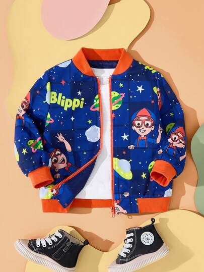 Blippi X SHEIN معطف بسحاب مرتخي بياقة مقاومة للتباين بطبعة كرتونية للأولاد، خريف/شتاء