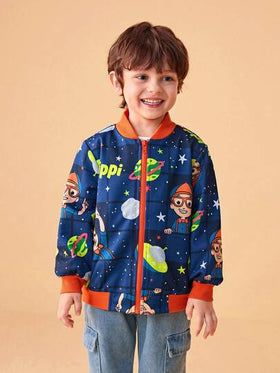 Blippi X SHEIN معطف بسحاب مرتخي بياقة مقاومة للتباين بطبعة كرتونية للأولاد، خريف/شتاء