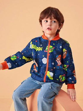 Blippi X SHEIN معطف بسحاب مرتخي بياقة مقاومة للتباين بطبعة كرتونية للأولاد، خريف/شتاء