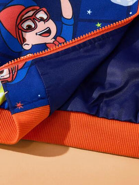 Blippi X SHEIN معطف بسحاب مرتخي بياقة مقاومة للتباين بطبعة كرتونية للأولاد، خريف/شتاء