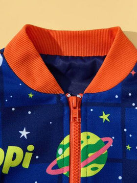 Blippi X SHEIN معطف بسحاب مرتخي بياقة مقاومة للتباين بطبعة كرتونية للأولاد، خريف/شتاء