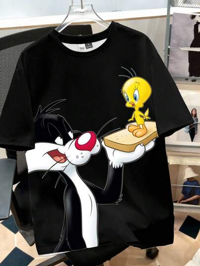 Looney Tunes X Manfinity Manfinity Joysei تي شيرت رجالي كاجوال أساسي بطباعة كرتونية على الرقبة المستديرة