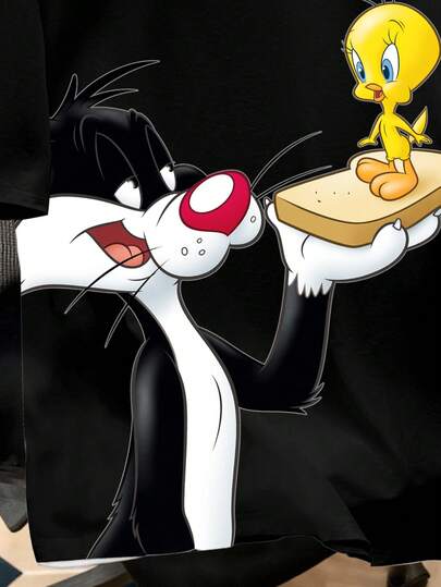 Looney Tunes X Manfinity Manfinity Joysei تي شيرت رجالي كاجوال أساسي بطباعة كرتونية على الرقبة المستديرة