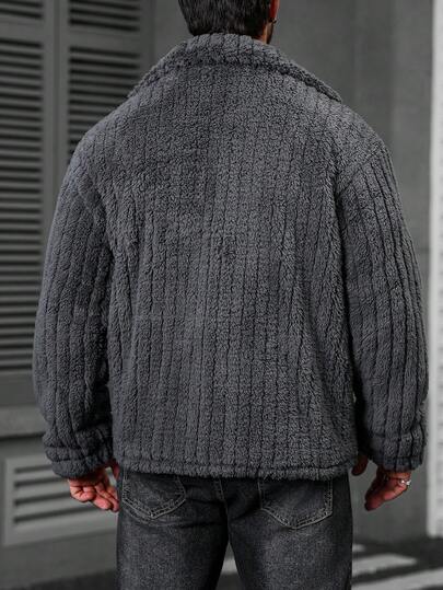 Manfinity CasualCool معطف رمادي داكن من الفليس الفلانيل بتصميم عادي، أكمام طويلة حتى الرسغ، ملابس علوية كاجوال ودافئ للرجال، جاكيت صوفية مزرّرة للشتاء