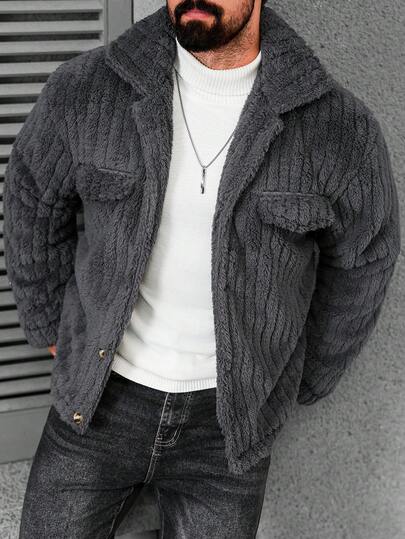 Manfinity CasualCool معطف رمادي داكن من الفليس الفلانيل بتصميم عادي، أكمام طويلة حتى الرسغ، ملابس علوية كاجوال ودافئ للرجال، جاكيت صوفية مزرّرة للشتاء