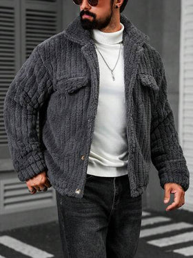 Manfinity CasualCool معطف رمادي داكن من الفليس الفلانيل بتصميم عادي، أكمام طويلة حتى الرسغ، ملابس علوية كاجوال ودافئ للرجال، جاكيت صوفية مزرّرة للشتاء