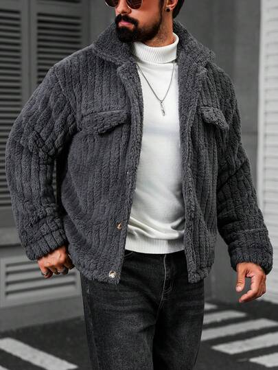 Manfinity CasualCool معطف رمادي داكن من الفليس الفلانيل بتصميم عادي، أكمام طويلة حتى الرسغ، ملابس علوية كاجوال ودافئ للرجال، جاكيت صوفية مزرّرة للشتاء