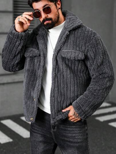 Manfinity CasualCool معطف رمادي داكن من الفليس الفلانيل بتصميم عادي، أكمام طويلة حتى الرسغ، ملابس علوية كاجوال ودافئ للرجال، جاكيت صوفية مزرّرة للشتاء
