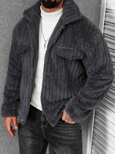 Manfinity CasualCool معطف رمادي داكن من الفليس الفلانيل بتصميم عادي، أكمام طويلة حتى الرسغ، ملابس علوية كاجوال ودافئ للرجال، جاكيت صوفية مزرّرة للشتاء