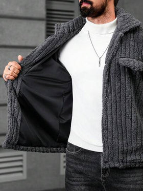 Manfinity CasualCool معطف رمادي داكن من الفليس الفلانيل بتصميم عادي، أكمام طويلة حتى الرسغ، ملابس علوية كاجوال ودافئ للرجال، جاكيت صوفية مزرّرة للشتاء