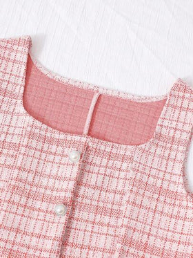 SHEIN بدلة فتيات مكونة من 2 قطعة: بلوزر قصير أنيق من التويد + فستان مناسب بدون أكمام، طقم أنيق للربيع والخريف