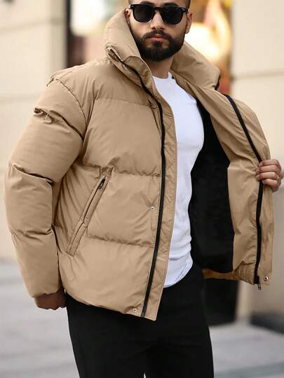 Manfinity CasualCool معطف مبطن بأكمام طويلة وسحاب كامل، معطف شتوي مبطن كاجوال أسود، مثالي كهدية لأصدقائك وأزواجك وأصدقائك المقربين