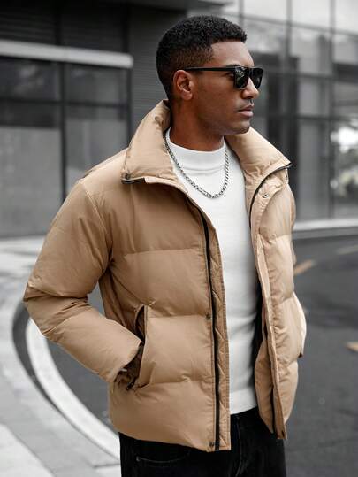 Manfinity CasualCool معطف مبطن بأكمام طويلة وسحاب كامل، معطف شتوي مبطن كاجوال أسود، مثالي كهدية لأصدقائك وأزواجك وأصدقائك المقربين