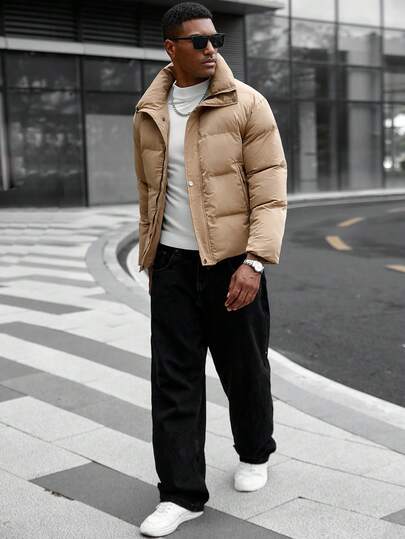 Manfinity CasualCool معطف مبطن بأكمام طويلة وسحاب كامل، معطف شتوي مبطن كاجوال أسود، مثالي كهدية لأصدقائك وأزواجك وأصدقائك المقربين