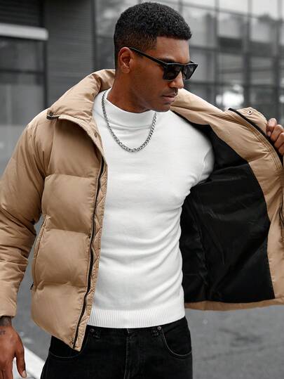 Manfinity CasualCool معطف مبطن بأكمام طويلة وسحاب كامل، معطف شتوي مبطن كاجوال أسود، مثالي كهدية لأصدقائك وأزواجك وأصدقائك المقربين