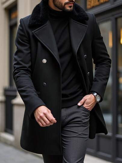 Manfinity Homme معطف طويل الأكمام للرجال مصنوع من قطع ملمس ناعم مع طوق مدبب مزدوج الصدر محبوك للخروج، هدية للأصدقاء والأزواج والأحباء في فصلي الخريف والشتاء