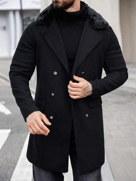 Manfinity Homme معطف طويل الأكمام للرجال مصنوع من قطع ملمس ناعم مع طوق مدبب مزدوج الصدر محبوك للخروج، هدية للأصدقاء والأزواج والأحباء في فصلي الخريف والشتاء
