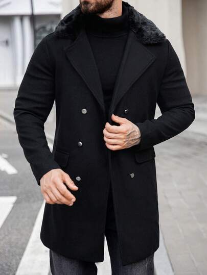 Manfinity Homme معطف طويل الأكمام للرجال مصنوع من قطع ملمس ناعم مع طوق مدبب مزدوج الصدر محبوك للخروج، هدية للأصدقاء والأزواج والأحباء في فصلي الخريف والشتاء