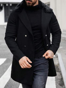 Manfinity Homme معطف طويل الأكمام للرجال مصنوع من قطع ملمس ناعم مع طوق مدبب مزدوج الصدر محبوك للخروج، هدية للأصدقاء والأزواج والأحباء في فصلي الخريف والشتاء