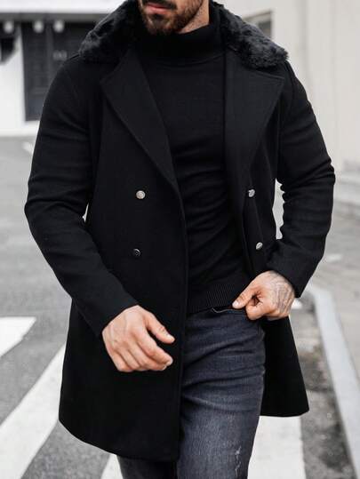 Manfinity Homme معطف طويل الأكمام للرجال مصنوع من قطع ملمس ناعم مع طوق مدبب مزدوج الصدر محبوك للخروج، هدية للأصدقاء والأزواج والأحباء في فصلي الخريف والشتاء