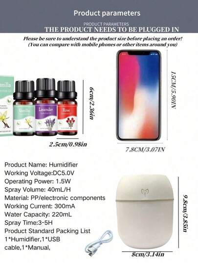 مجموعة مكونة من (جهاز نشر العطور + زيوت عطرية)، جهاز ترطيب الهواء بوجه مبتسم محمول بمنفذ USB سعة 220 مل، زيوت عطرية متعددة الروائح سعة 10 مل، مناسب للمنزل والفندق والحمام لتعطير الهواء وإزالة الروائح الكريهة، عطر طويل الأمد