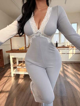 SHEIN جمبسوت نوم كاجوال مريحة للنساء من الأكريليك المحبوك بتصميم ذو ألوان متباينة مناسبة للربيع والخريف