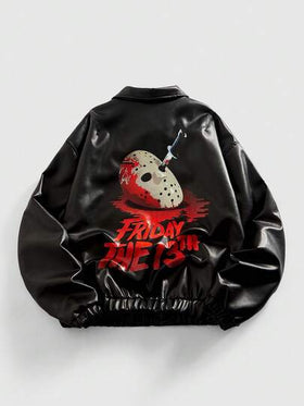 ROMWE MEN Friday the 13th X ROMWE جاكيت جلد صناعي بأكمام طويلة مزينة برسومات حرفية وقناع رائع للرجال في فصل الخريف
