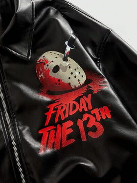ROMWE MEN Friday the 13th X ROMWE جاكيت جلد صناعي بأكمام طويلة مزينة برسومات حرفية وقناع رائع للرجال في فصل الخريف