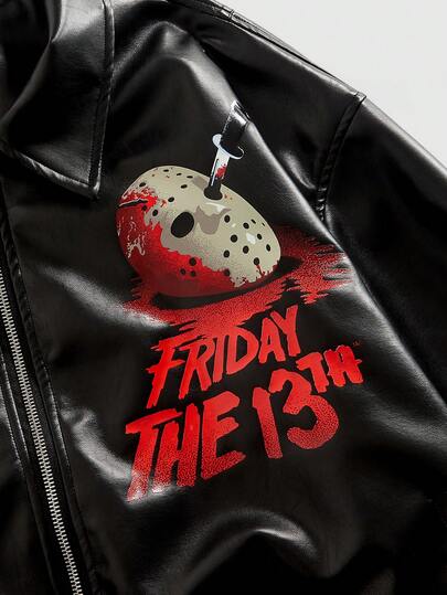 ROMWE MEN Friday the 13th X ROMWE جاكيت جلد صناعي بأكمام طويلة مزينة برسومات حرفية وقناع رائع للرجال في فصل الخريف
