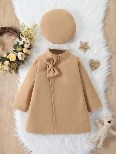 Elladie kids معطف صوفي جميل بياقة عالية وأكمام طويلة مزين بفيونكة للفتيات، مناسب للخريف والشتاء