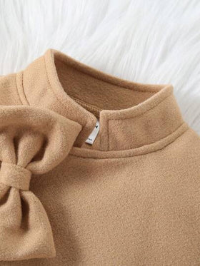Elladie kids معطف صوفي جميل بياقة عالية وأكمام طويلة مزين بفيونكة للفتيات، مناسب للخريف والشتاء