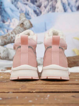 زوج من بوت الثلج العالية ذات القاع المسطح المريحة والدافئة المبطنة بالحرارة للأطفال، بوت المشي في الشتاء مضادة للانزلاق، مناسبة للأنشطة اليومية الخارجية في فصل الشتاء