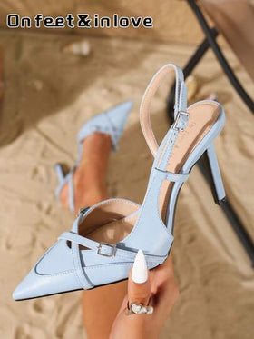 On feet& in love أحذية كعب عالي نسائية أنيقة موديل خريف/شتاء 2025، ذات رباط متقاطع وكعب إبرة مدبب وفتحة على شكل V مع إبزيم، مناسبة للفساتين والزفاف، أنيقة، أحذية كعب نسائية، أنيقة