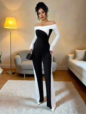Elenzga جمبسوت نسائية بلون متباين بتصميم بسيط للارتداء اليومي بدون كتف