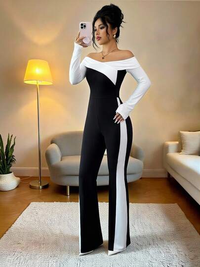 Elenzga جمبسوت نسائية بلون متباين بتصميم بسيط للارتداء اليومي بدون كتف
