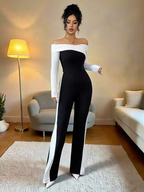 Elenzga جمبسوت نسائية بلون متباين بتصميم بسيط للارتداء اليومي بدون كتف