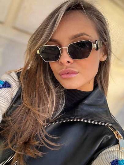 نظارة شمسية معدنية بطراز هندسي مجنون للنساء للصيف والشاطئ والسفر والخارج، بإطار هندسي بطراز قديم كإكسسوار لإطلالة خروج