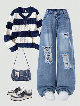 SHEIN Explorewe بنطلون جينز مستقيم فضفاض أساسي مغسول ممزق للفتيات المراهقات + خصر مطاطي أساسي + بنطلون جينز ممزق أزرق فاتح مغسول، مناسب لجميع الفصول، قماش مريح