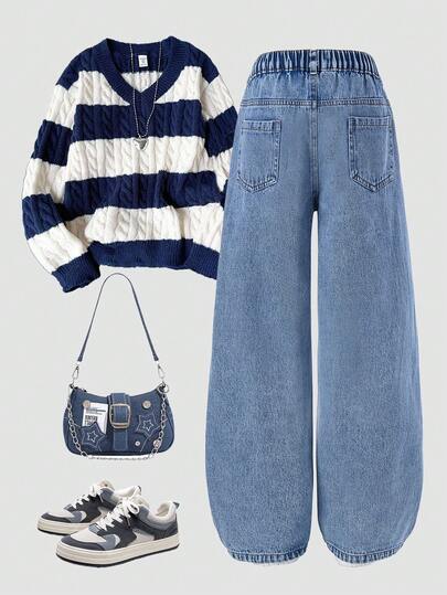 SHEIN Explorewe بنطلون جينز مستقيم فضفاض أساسي مغسول ممزق للفتيات المراهقات + خصر مطاطي أساسي + بنطلون جينز ممزق أزرق فاتح مغسول، مناسب لجميع الفصول، قماش مريح
