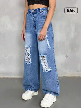 SHEIN Explorewe بنطلون جينز مستقيم فضفاض أساسي مغسول ممزق للفتيات المراهقات + خصر مطاطي أساسي + بنطلون جينز ممزق أزرق فاتح مغسول، مناسب لجميع الفصول، قماش مريح