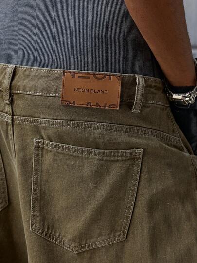 NEON BLANC بنطلون جينز رجالي فضفاض كاجوال مغسول باللون الأخضر مع جيوب