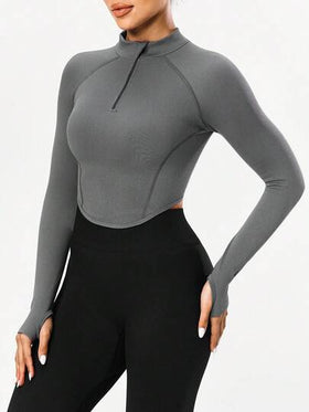 Seamluxe SHEIN Sport قميص رياضي للنساء بأكمام راجلان وسحاب جزئي، لون أحادي للياقة البدنية والاستخدام اليومي