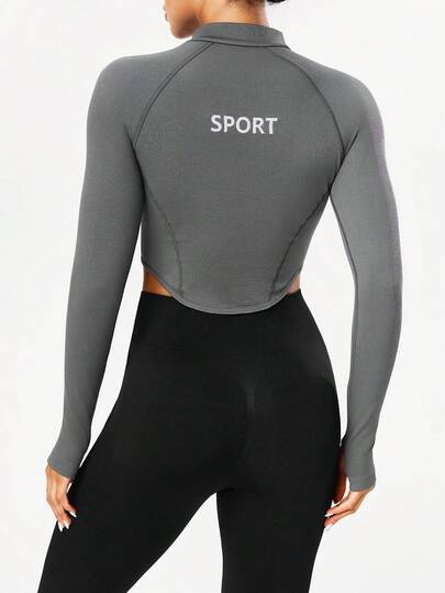 Seamluxe SHEIN Sport قميص رياضي للنساء بأكمام راجلان وسحاب جزئي، لون أحادي للياقة البدنية والاستخدام اليومي