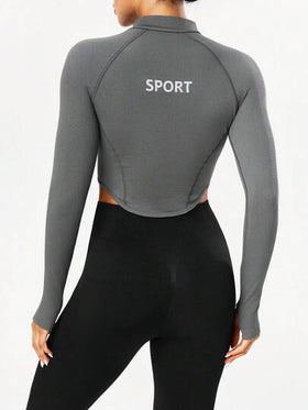 Seamluxe SHEIN Sport قميص رياضي للنساء بأكمام راجلان وسحاب جزئي، لون أحادي للياقة البدنية والاستخدام اليومي