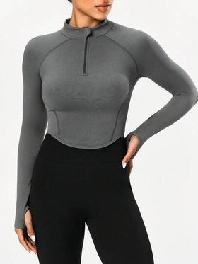 Seamluxe SHEIN Sport قميص رياضي للنساء بأكمام راجلان وسحاب جزئي، لون أحادي للياقة البدنية والاستخدام اليومي