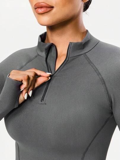 Seamluxe SHEIN Sport قميص رياضي للنساء بأكمام راجلان وسحاب جزئي، لون أحادي للياقة البدنية والاستخدام اليومي