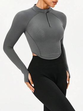 Seamluxe SHEIN Sport قميص رياضي للنساء بأكمام راجلان وسحاب جزئي، لون أحادي للياقة البدنية والاستخدام اليومي