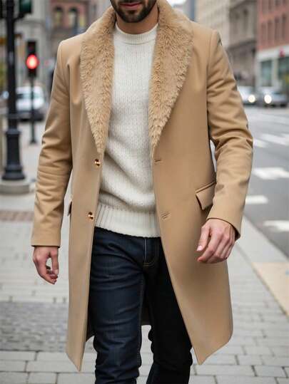 Manfinity CasualCool معطف طويل الأكمام بجيب وأزرار أمامية بلون واحد للرجال، معطف خروج خريفي، هدية للأصدقاء والزوج والحبيب، معطف رجالي باللون البيج