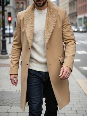 Manfinity CasualCool معطف طويل الأكمام بجيب وأزرار أمامية بلون واحد للرجال، معطف خروج خريفي، هدية للأصدقاء والزوج والحبيب، معطف رجالي باللون البيج